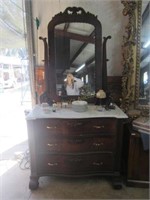 Mid 19Th Century Marble Top 3 Drawer Chest W/Carve