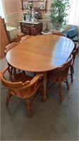 MCM dining table, 6 chairs, and table cover