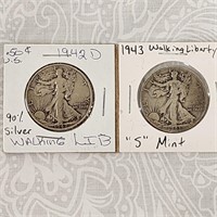 1943 1942 Walking Liberty 2 Half Dollars90% Silver