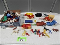 Toy wagon parts, plastic horses, cowboys, Indians,