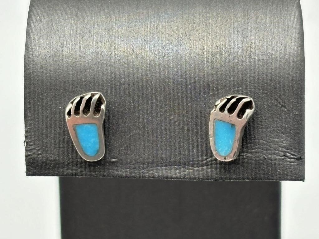 Sterling Turquoise Navajo Bear Claw Earrings