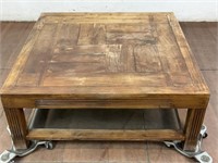 Rustic Plank Top Wood Coffee Table W/ Glass Shelf