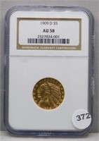 1909-D Gold $5 Indian Head NGC Graded AU 58.