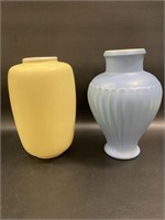 2 Coors Pottery Vases, Matte Yellow & Blue