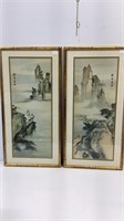 2 Asian mountain scenery watercolor prints, both