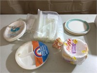 Plastic bags, paper bowls and plates