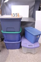 5 Used Totes w/ Lids(4 Blue - 1 Clear)