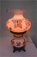 Vtg Double Hurrican Lamp Butterfly & Flowers 24" T