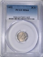 1852 THREE CENTS SILVER PCGS MS64