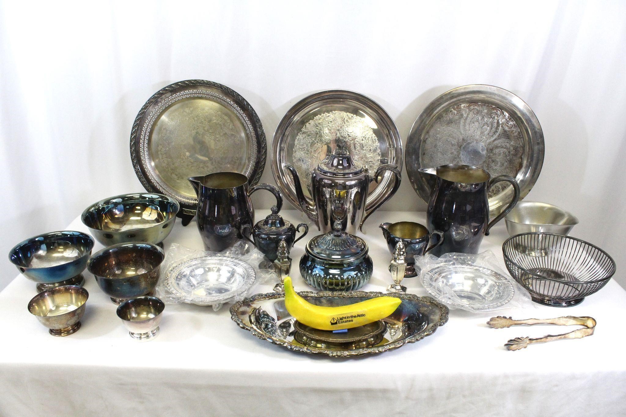 Silver Plate Coffee Service, Trays, Spoons +++