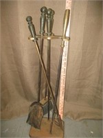 Vintage Brass Fireplace Tool Stand & Tools