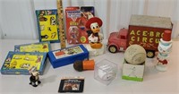 Box of misc toys incl wooden body circus truck,