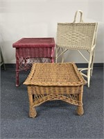 3 wicker pieces- maroon side table, brown foot