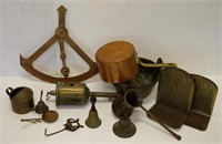 Quantity of brass and copper pans and utensils