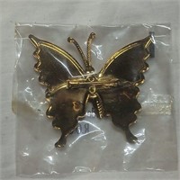Butterfly Brooch Sparkly Brown & Gold Tone