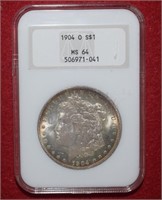 1904-O Morgan Toned Silver Dollar in a NGC Case