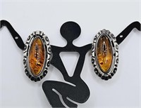 Sterling Silver Oval Amber Clip Earrings