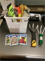 Gardening tools, gloves, seeds