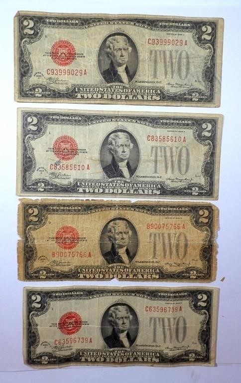 (4) 1928 $2 RED SEAL U.S. NOTES