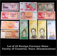 Lot of 25 Foreign Currency Notes - Variety of Coun