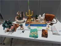 Leather purse, candles, trinket box, figurines, fa