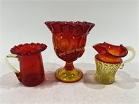 (3) Red/Amber Crackle Glass Pitcher & More