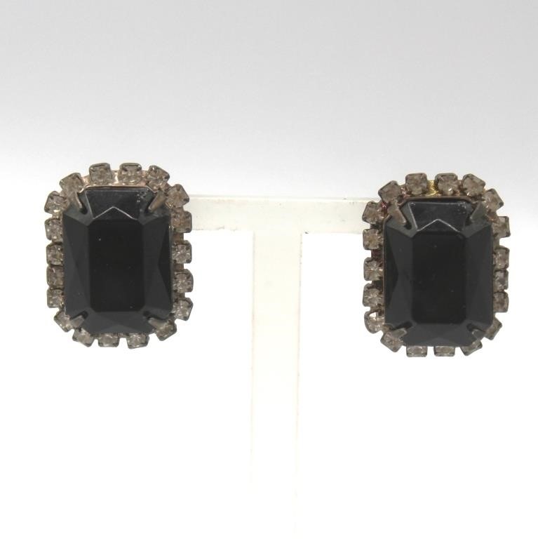 Black and Rhinestone Clipon Earrings