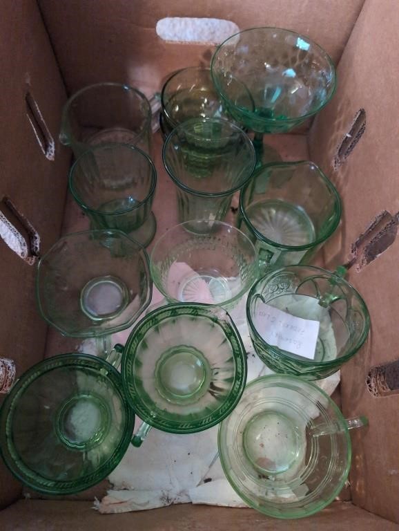 Variety of green depression vintage glassware