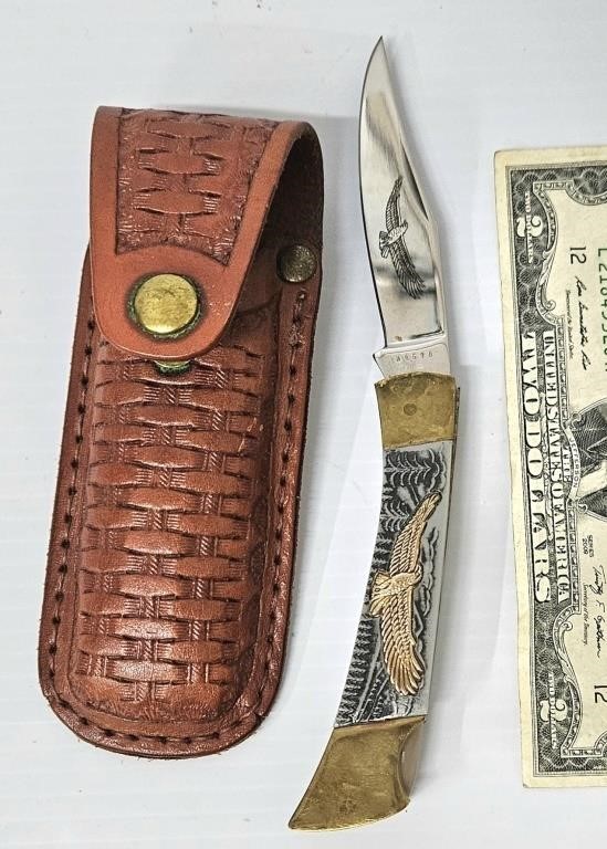 Vintage Seki Brass Eagle Pocket Knife w Sheath