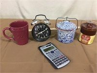 Ceramic mug, alarm clock, small crocks