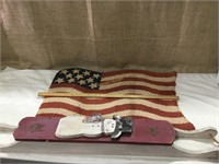 Decorative items: American Flag rug & snowman sled