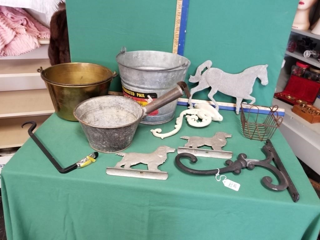 METAL BUCKET, WEATHER VANE, AND PLANT HOOKS