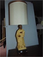 Figural lamp man holding pot, wood base