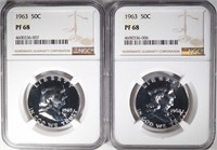 2- 1963 FRANKLIN HALF DOLLARS, NGC-PF68