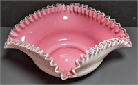 10.5" Fenton Pink Cased Ruffled Milk Glass Bowl