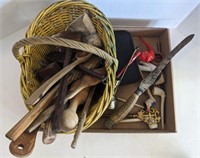 Whicker Basket, Wood Utensils, Pipes and Knife