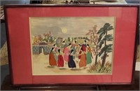 Antique Chinese Art Fabric Applied Painting 28 x19