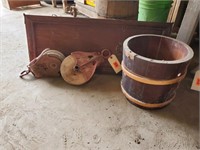 Antique wooden pulleys, ice cream pail, cabinet