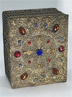 Jeweled Brass Filigree Dresser Trinket Box