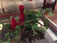 2 Red Vases & Faux Leaves