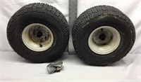 C4) TWO SMALL RIDING LAWN MOWER TIRES, NEED TUBES