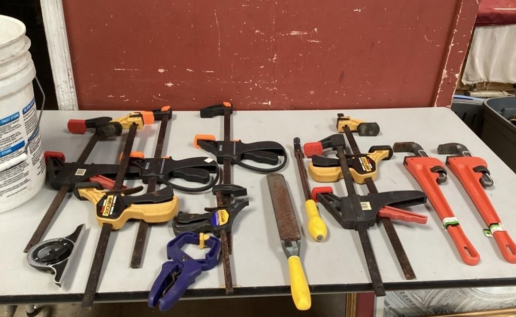 Assorted Clamps, Pipe Wrenches & Tools