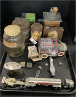 Advertising Bank, Jar, Tins, Coffee Mill.