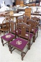 SET OF 6 ANTIQUE OAK CHAIRS WITH NEEDLE POINT