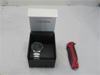 Citizen silver watch, red knife