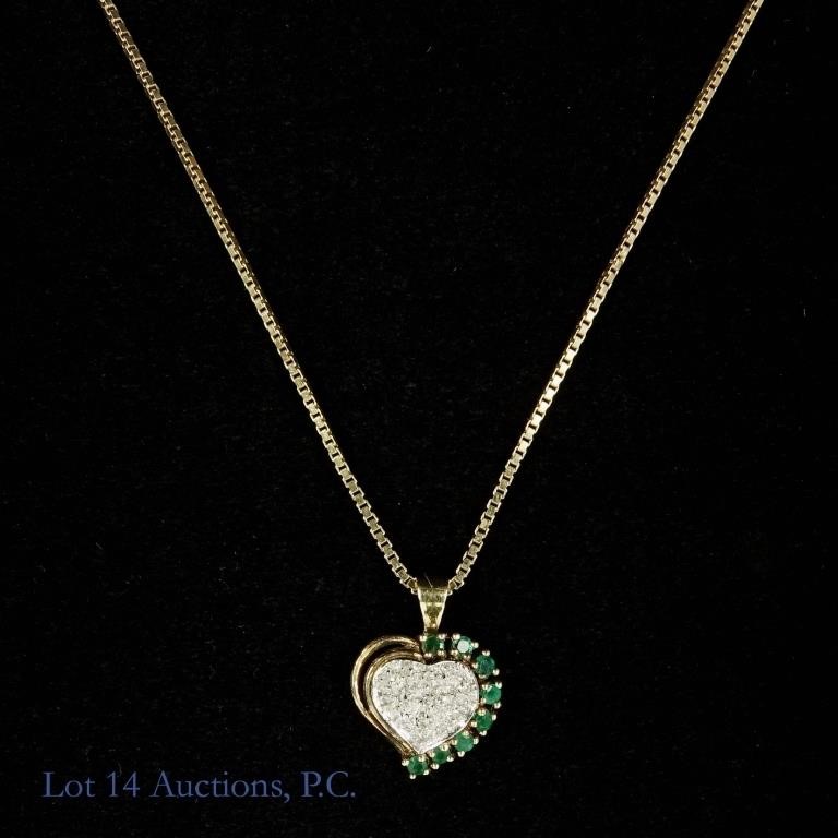 14k Y. Gold Heart Diamonds, Emeralds Necklace *