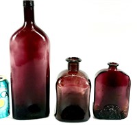 3 bouteilles vintage en verre violet/prune 7"-13½"