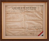 1854 Texas Governor E.M. Pease Signed Land Grant