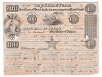 1840 Republic of Texas $100 Bond Certificate