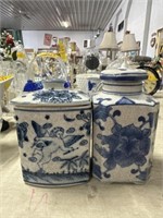 2pc blue / white canisters with lids